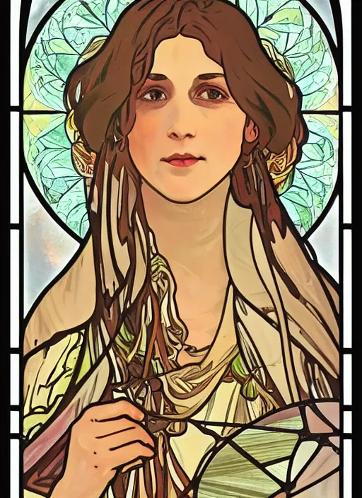 Prompt: stained glass portrait of shira haas in the style of alphonse mucha, tarot, olive, smooth