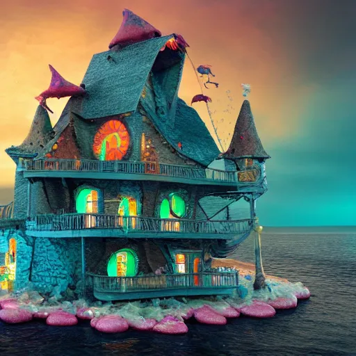Image similar to a witches house made out of candy on the ocean, epic scene, fantasy, redshift render, cgi, hyper - detailed, photo - bash, 8 k post - production, masterpiece