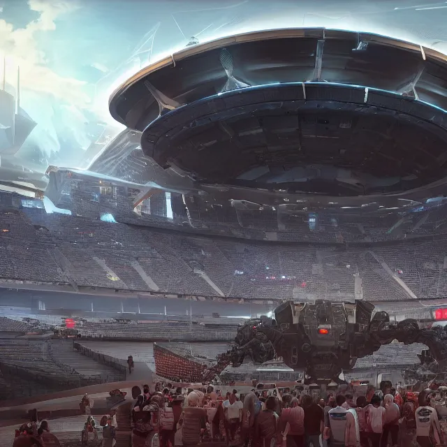 Image similar to a futuristic stadium with a giant artstation mecha, stadium has a full crowd, unreal engine, hyper realism, realistic shading, cinematic composition, realistic render, octane render, detailed textures, photorealistic, wide shot