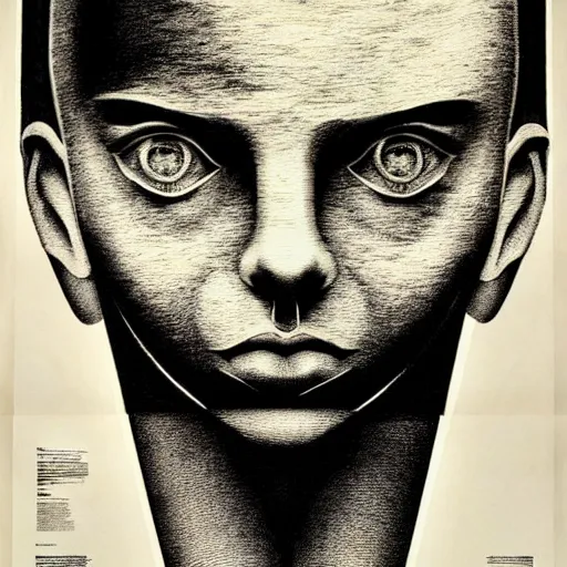 Prompt: lithography and etching polish poster conceptual figurative post - morden monumental portrait, illusion surreal art, highly conceptual figurative art, intricate detailed illustration, controversial poster art, polish poster art, geometrical drawings, no blur