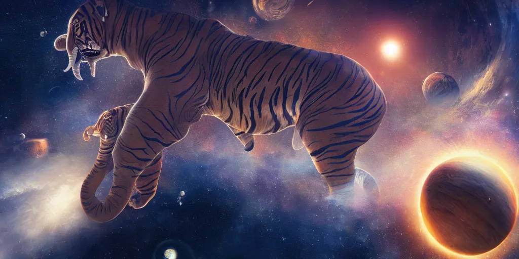 Image similar to planet - sized tiger elephant in space, next to the sun and stars, cosmic, very wide shot, epic composition, hyper detailed, digital art, trending in artstation, cinematic lighting, studio quality, unreal engine 5 rendered, art style by klimt and nixeu and ian sprigger and wlop and krenz cushart