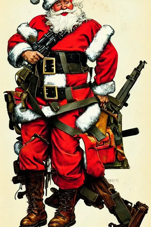 Image similar to concept of a jolly Santa Claus holding a M61 Vulcan machine gun and wearing an army harness vest full of pouches, full body concept in the style of Norman Rockwell and Simon Bisley