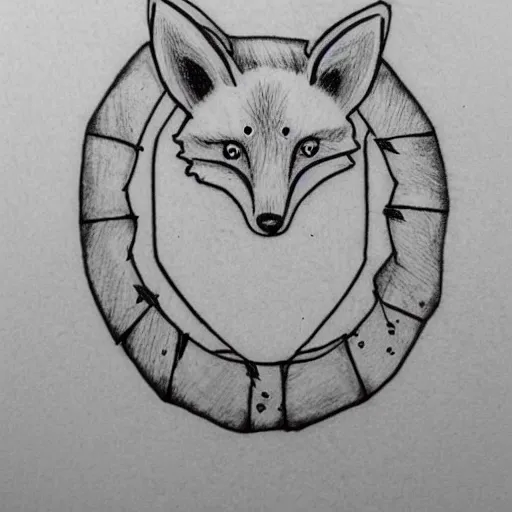 Image similar to a cute fox in the style of the Voynich manuscript outline tattoo design, black ink on white paper