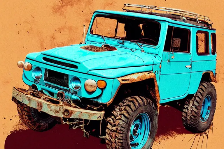 Image similar to digital illustration of a faded cyan mad max's fj 4 0 decrepit!!!! pursuit special, rusty!!! nissan fj cruiser heavily modded 1 9 9 0 s, the last v 8 interceptor by makoto shinkai, ilya kuvshinov, lois van baarle, rossdraws, basquiat