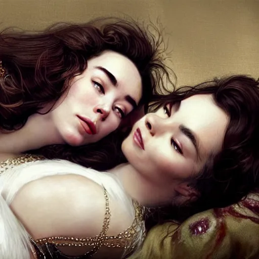 Image similar to stunning photo of dark - haired goddesses vanessa kirby and bjork smiling, laying back on a pillow, with white tears all over their faces, a beautiful closeup, wet lips, perfect eyes, insanely detailed, elegant, by mucha, wlop, rutkowski, livia prima