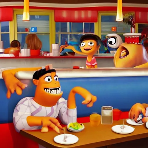 Image similar to cute monsters in a diner, Pixar style