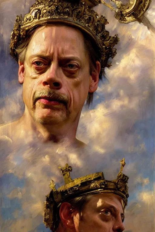 Prompt: beautiful detailed expressive impressionistic oil painting portrait of ancient roman god emperor steve buscemi ascending on high wearing the civic crown, renaissance painting, dark background, art by anders zorn, wonderful masterpiece by greg rutkowski, expressive brush strokes, beautiful cinematic light, american romanticism by greg manchess, jessica rossier