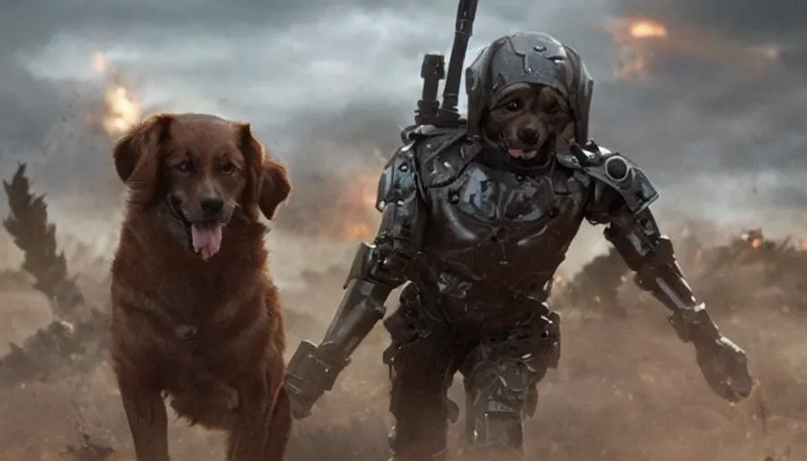 Image similar to a big budget movie about a heroic cyborg dog soldier in an epic battle