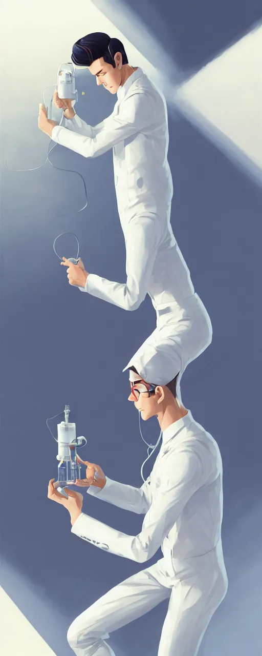 Image similar to tired and dissapointed emotionless butch young man scientist with short slicked - back hair, making an experiment - wearing white suit, wearing jetpack, digital art, rough paper, behance hd by jesper ejsing, by rhads, makoto shinkai and lois van baarle, ilya kuvshinov, rossdraws global illumination.