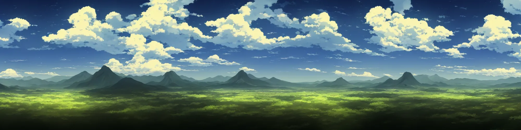 Image similar to panorama view of the sky. matte painting, anime, studio ghibli. professional digital painting, artstation, concept art, smooth, beautiful, cinematic. no mountains and trees.