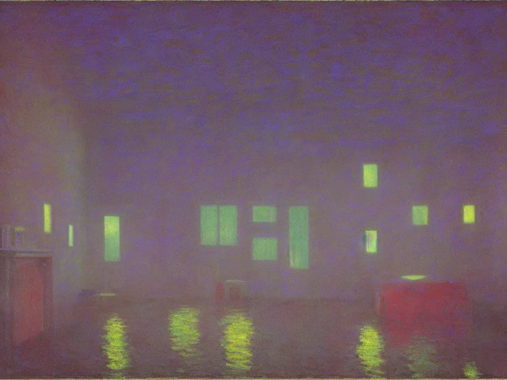 Prompt: interior of a flooded old house. aurora borealis. iridescent, psychedelic colors. painting by hammershoi, monet, georges de la tour, mark rothko, agnes pelton, hockney