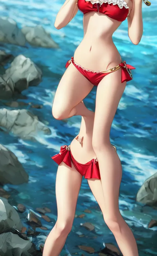 Image similar to a pin up and beautiful fashion charming dreamlkeanime cute girl in bikini with lv jewelry, character art, art by artgerm lau and kyoung hwan kim and and ilya kuvshinov and john singer sargent, hyperdetailed, 8 k realistic, symmetrical, frostbite 3 engine, cryengine, dof, trending on artstation, digital art