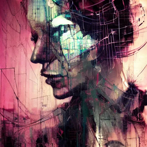 Image similar to portrait of a cyberpunk, wires, machines, in a dark future city by jeremy mann, francis bacon and agnes cecile, and dave mckean ink drips, paint smears, digital glitches glitchart c - 1 0