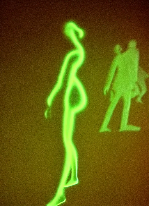 Image similar to a thin female silhouette walking, astral projection, green glowing aura, out of body, film grain, cinematic lighting, experimental film