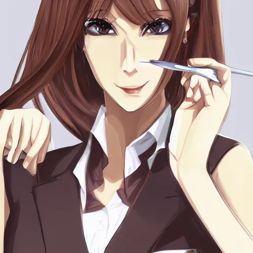Image similar to female lawyer, business suit, brown neat hair, anime, pixiv, fanbox, trending on artstation, digital painting, defense attorney, clean, lightning