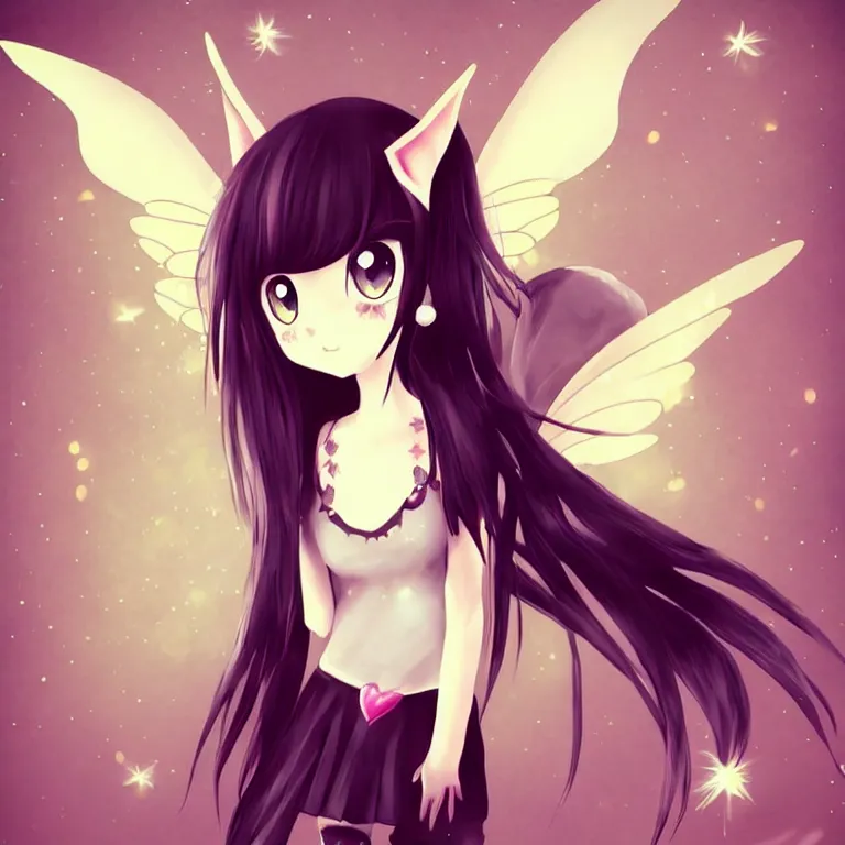 Prompt: cute, full body, female, anime style, a cat girl with fairy wings, large eyes, beautiful lighting, melancholy, sharp focus, simple background, creative, heart effects, filters applied, illustration
