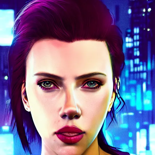 Image similar to scarlett johansson portrait, cyberpunk 2 0 7 7, cyberpunk judy alvarez, photorealistic, ultra detailed, neon, octane, bokeh, cinematic lighting, cyber, cyberpunk city, studio quality, feature, scars, cyberface, 8 k