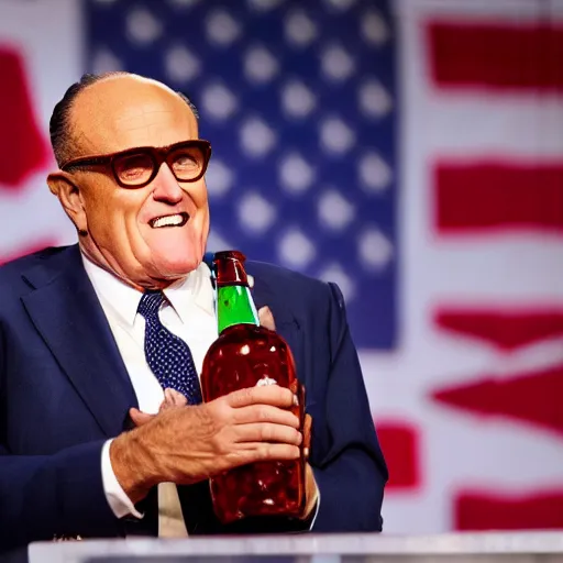 Image similar to news still of a drunk rudy giuliani holding a bottle, 4 k, professional