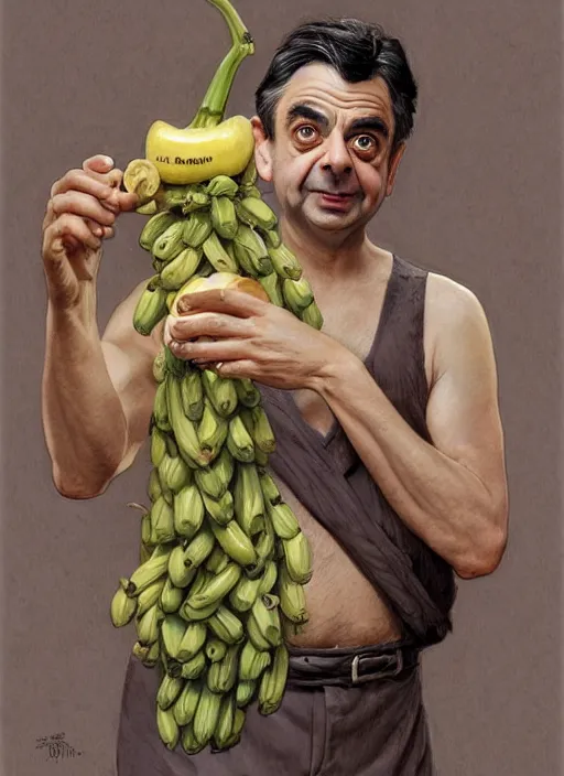 Image similar to Rowan Atkinson as cross eyed Mister Bean holding a banana, intricate, elegant, highly detailed, centered, digital painting, artstation, concept art, smooth, sharp focus, illustration, art by artgerm and donato giancola and alphonse mucha