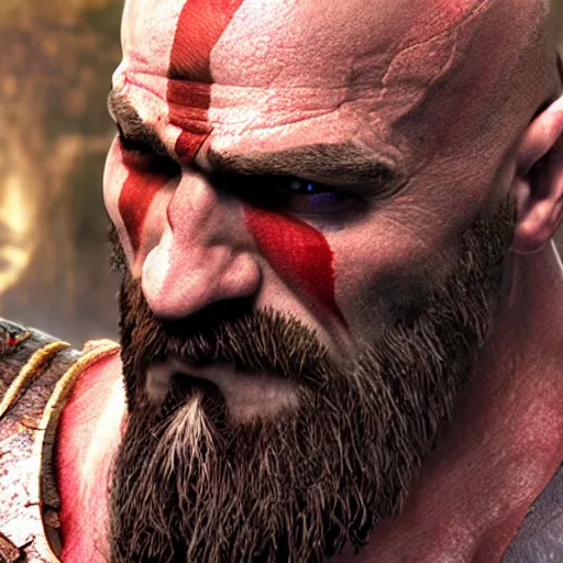 Image similar to Kratos from God of War 4 , 8k hyper-realistic