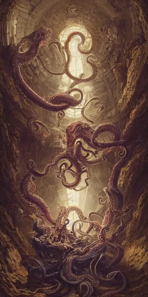 Image similar to magic fight of colorful Ouroboros and enormous octopus floating around inside an ancient mage castle hall colossal scale, gothic and baroque, brutalist architecture, ultradetailed, intricate details by Ellen Jewett and Ayami Kojima