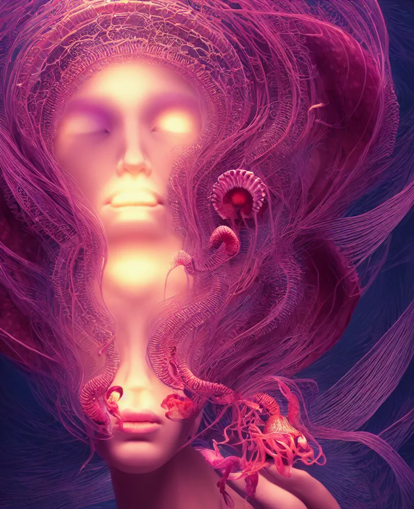 Image similar to goddess close-up portrait. chimera orchid jellyfish phoenix head, nautilus, skull, betta fish, bioluminiscent creatures, intricate artwork by Tooth Wu and wlop and beeple. octane render, trending on artstation, greg rutkowski very coherent symmetrical artwork. cinematic, hyper realism, high detail, octane render, 8k