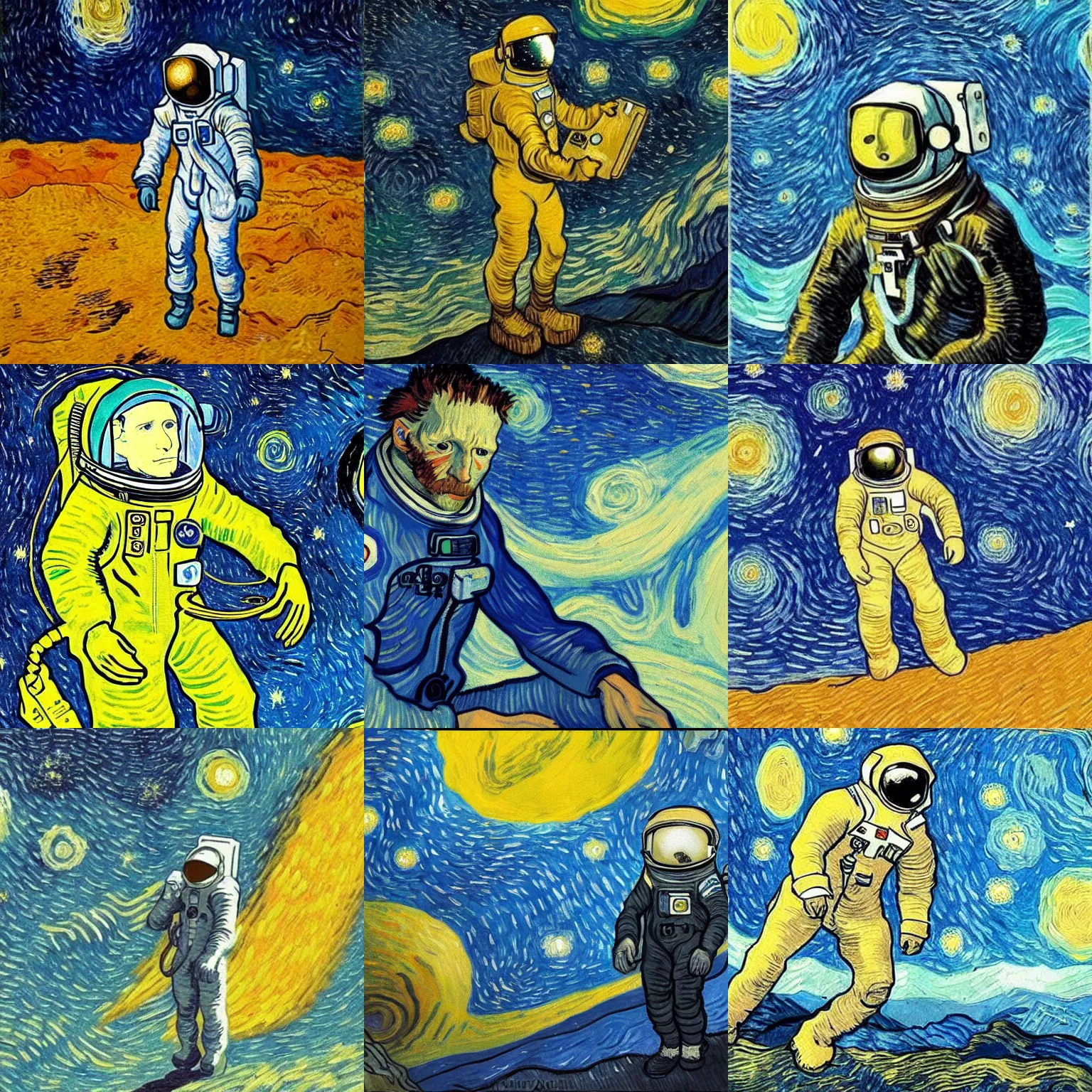 Prompt: Astronaut Lonely in the Galaxy - a painting by Van Gogh. very beautiful, HD detailed. Sad lighting, miserable emotions. The Astronaut is lost in the Galaxy.