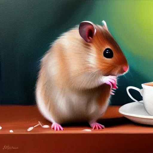 Image similar to hyper realistic oil painting of a hamster in a fancy place drinking a tea