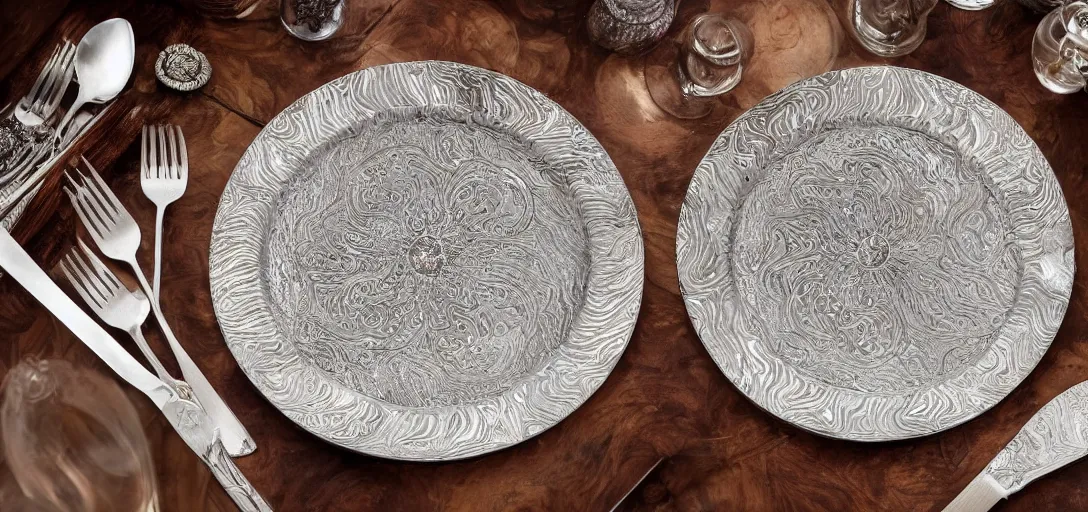 Image similar to plate made of finley detailed damascus steel, jeweled table cloth, silver knives and forks, candlelight, fireplace wide angle photograph