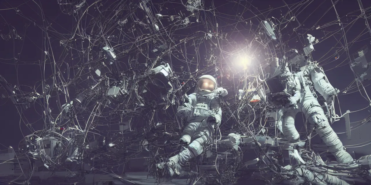 Image similar to astronaut entangled by a lot of cables, connected to a supercomputer designed by Dieter Rams, cinematic lighting, haze, moonlight, strong shadows, octane render, lens flare