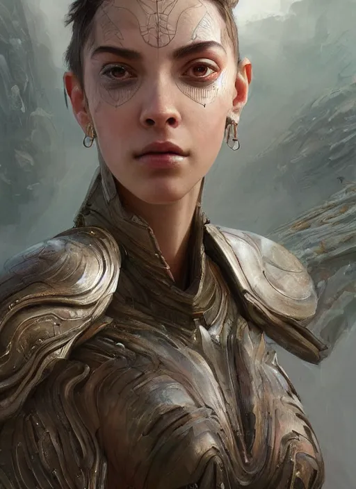 Image similar to a professional painting of a beautiful young female alien, clothed in ethereal armor, olive skin, long dark hair, beautiful bone structure, symmetrical facial features, intricate, elegant, digital painting, concept art, smooth, sharp focus, illustration, from Valerian and the City of a Thousand Planets, by Ruan Jia and Mandy Jurgens and Artgerm and William-Adolphe Bouguerea