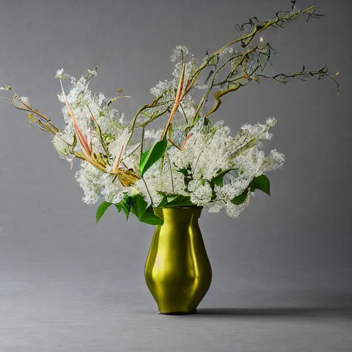 Image similar to a photo of 8k Ikebana in flower vase, ikenobo, ohararyu, sougetsu, wide angle, full body, sony a7r3, ultra detail, photorealistic, in simple background