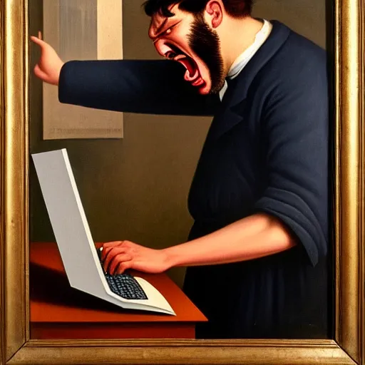 Image similar to an angry man yells at his computer monitor, oil on canvas, 1 9 0 1