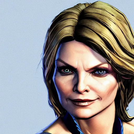 Image similar to michelle pfeiffer portrait, borderlands, tales from the borderlands, the wolf among us, comic, cinematic lighting, studio quality, 8 k