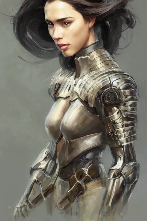 Image similar to a professionally painted portrait of an attractive young woman, clothed in military armor, olive skin, long dark hair, beautiful bone structure, symmetrical facial features, intricate, elegant, digital painting, trending on Artstation, concept art, smooth, sharp focus, illustration, from Metal Gear by Ruan Jia and Mandy Jurgens and Artgerm and William-Adolphe Bouguerea, award winning