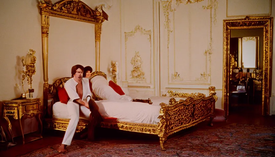 Prompt: 1 9 7 0 s movie still of the marc aurele hysteric on his bed in a classical palace, cinestill 8 0 0 t 3 5 mm, high quality, heavy grain, high detail, cinematic composition, dramatic light, anamorphic, ultra wide lens, hyperrealistic