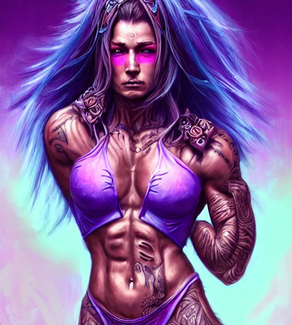 Image similar to muscular female warrior holding knife hilt, perfect face, diadem, detailed neon tattoos, neon bikini armor, purple flowing hair, abs, cinematic, blush, stunning, athletic, strong, agile, highly detailed, psychedelic, digital painting, artstation, smooth, hard focus, rim lighting, back lighting, illustration, art by jessica rossier and and brian froud