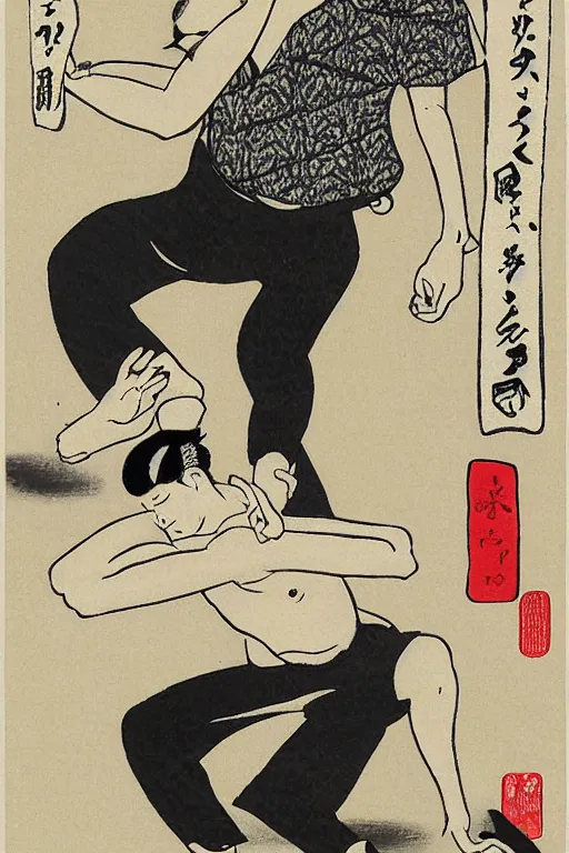 Image similar to Ukiyo-e art of squatting man in black Adidas tracksuit, birch trees