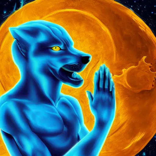 Image similar to Doctor Manhattan as a wolf meditating in outer space, stars, artstation, digital art, spiritual, award winning, colourful