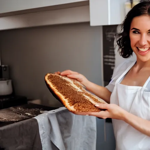 Image similar to modern oil painting of a happy woman with dark curly hair making sourdough in a bright kitchen