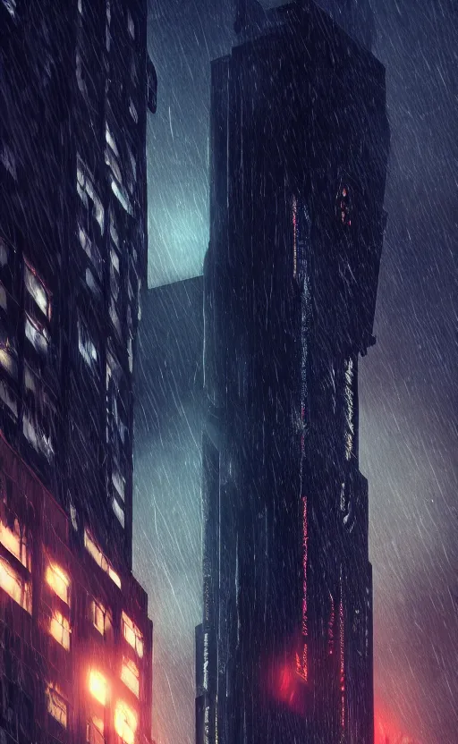 Image similar to low angle of a dark ominous building in a blade runner city, volumetric lighting, epic composition, hyper - detailed, ultra - realistic, sharp focus, octane render, volumetric, ray tracing, artstation trending, cgsociety, sense of awe, 8 k resolution, by syd mead, artgerm, ross tran, fuji choko