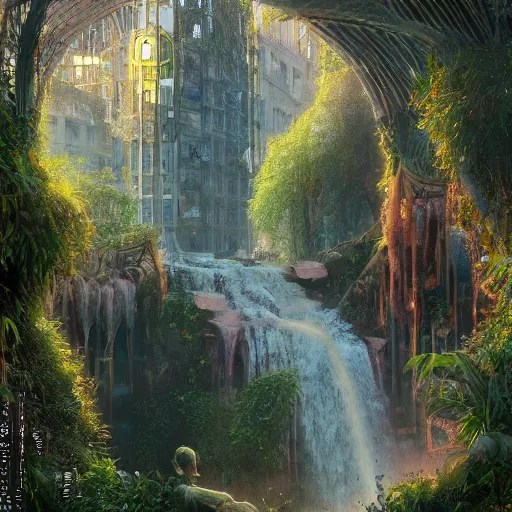 Prompt: waterfall overgrowth city nature photography art nouveau 8 k by antoni gaudi, greg rutkowski, evgeny lushpin