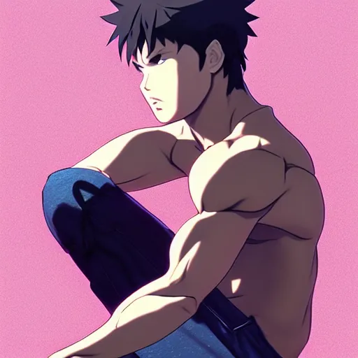 Image similar to a handsome muscular man wearing fashionable street attire, sitting down casually, square masculine facial features, short messy hair, intimidating appearance, 3 d octane render, unreal engine 5, ultra high detail, cel shaded, trending on pixiv fanbox, by greg rutkowski makoto shinkai takashi takeuchi studio ghibli, akihiko yoshida