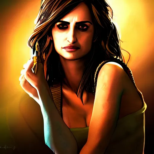 Image similar to penelope cruz portrait, borderlands, tales from the borderlands, the wolf among us, comic, cinematic lighting, studio quality, 8 k