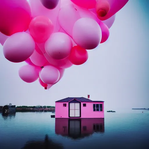 Image similar to a 5 0 mm lens photograph of a cute pink floating modern house, floating in the air between clouds, inspired by the movie up, held up from above by heart ballons. mist, playful composition canon, nikon, award winning, photo of the year