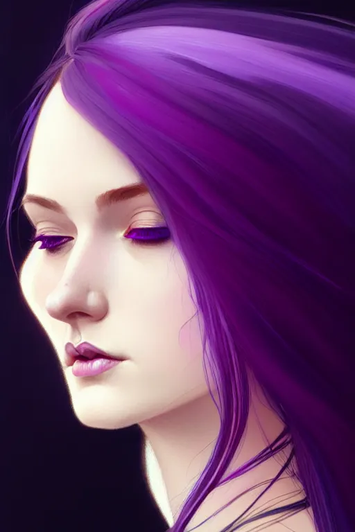 Image similar to Purple hair, creative colouring Portrait of woman face profile, fashion, colored strands of hair, intricate, elegant, highly detailed, digital painting, artstation, concept art, smooth, sharp focus, illustration, art by artgerm and greg rutkowski and alphonse mucha