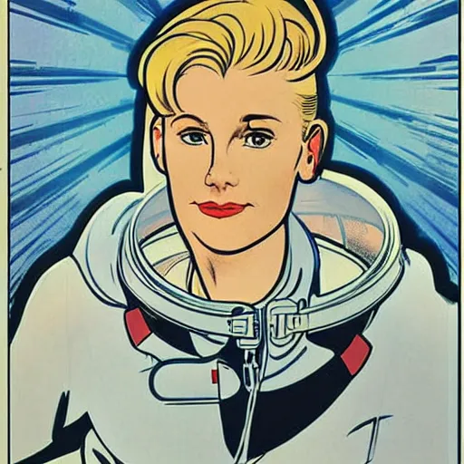 Prompt: a stoic heroic butch tomboy blonde emotionless woman, with very short slicked - back hair. she is dressed as an astronaut. well composed, clean elegant painting, beautiful detailed face. comic book art by steve ditko and jack kirby and ( alphonse mucha )
