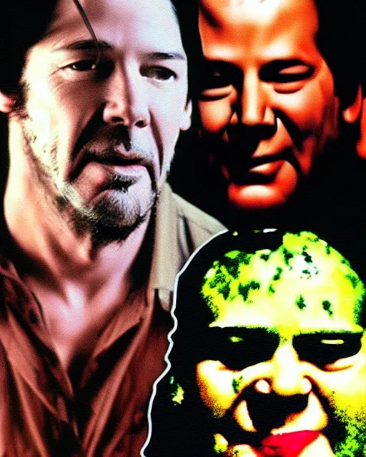 Image similar to jackson pollock painting of keanu reeves and shrek