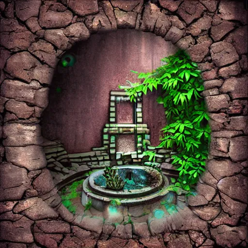 Image similar to ancient ruins with a portal and plants,digital art,retrowave art