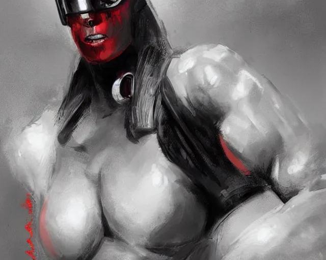 Image similar to portrait of a female bodybuilder dressed in a bodyguard costume in team fortress 2 style, epic, tragic, dark fantasy art, fantasy, pretty, hd shot, digital portrait, beautiful, artstation, comic style, by artgerm, guy denning, jakub rozalski, magali villeneuve and charlie bowater